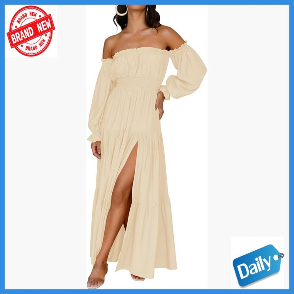 Long Sleeve Off Shoulder Maxi Dress A-Line High Waist Split Hem Boho